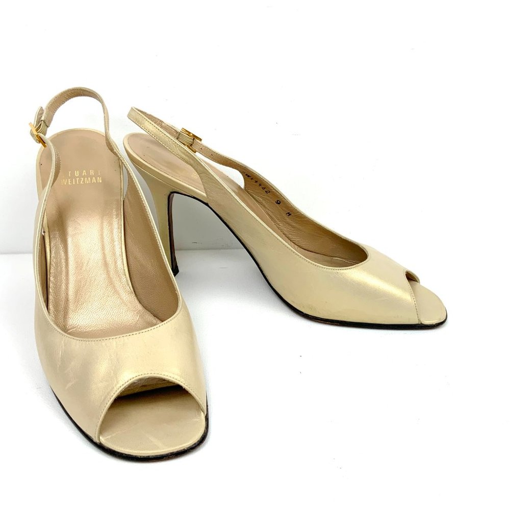 Stuart Weitzman Leather Metallic Gold Slingback Peep Toe Heels Sz 9 - Picture 11 of 16